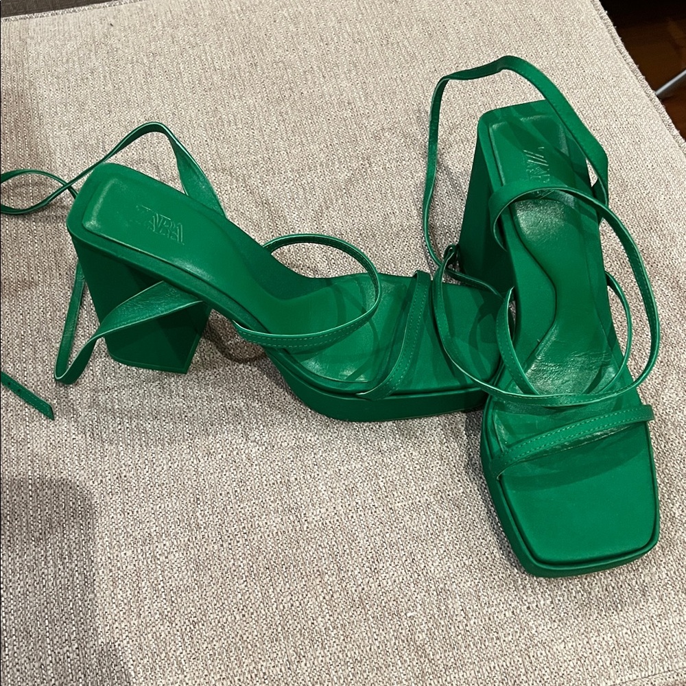 Green Strappy Block Heel Sandals